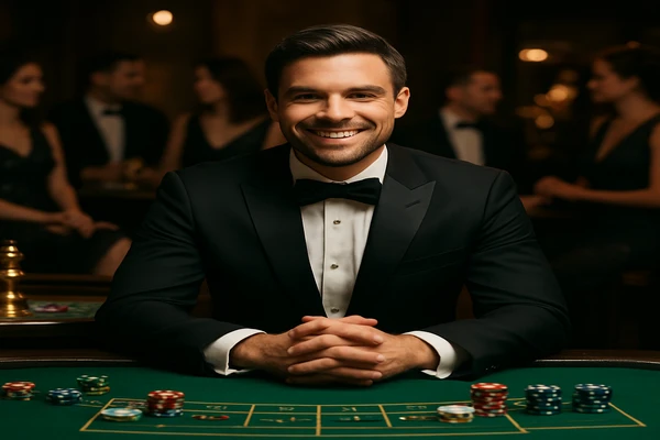 নিয়ন আলোয় আলোকিত আধুনিক ক্যাসিনো পরিবেশে ফ্যাশনেবল উপস্থাপন