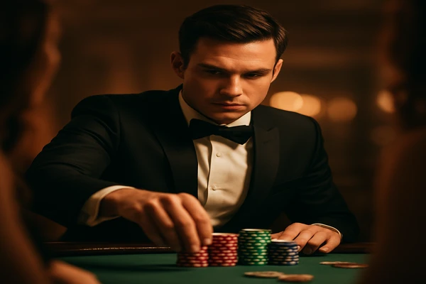 একজন নারী ল্যাপটপে অনলাইন গেম খেলছেন; চারপাশে আলোয় জ্বলন্ত ক্যাসিনো পরিবেশ ছড়িয়ে পড়েছে