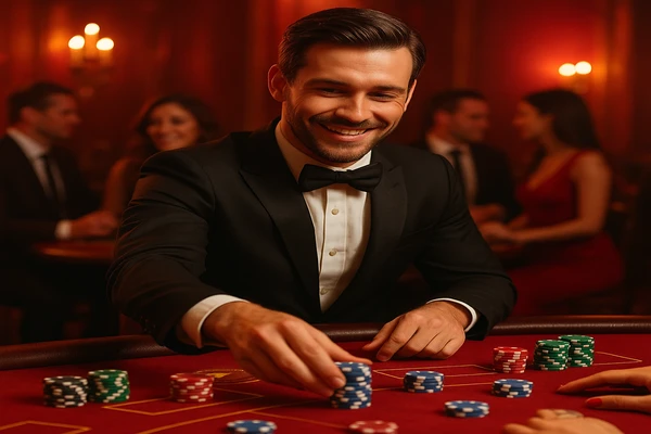 আলো-ঝলমলে গেমিং পরিবেশে এক আত্মবিশ্বাসী ডিলার ব্যবহারকারীদের dc44 অ্যাকাউন্টে নিরাপদে প্রবেশের আহ্বান জানাচ্ছেন।